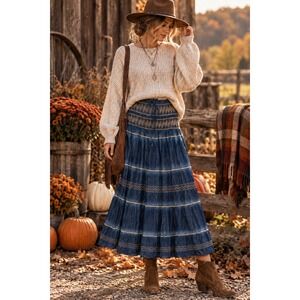 Lapis M Blue Denim Maxi Skirt Embroidered Boho Western Prairie Cottagecore Fall